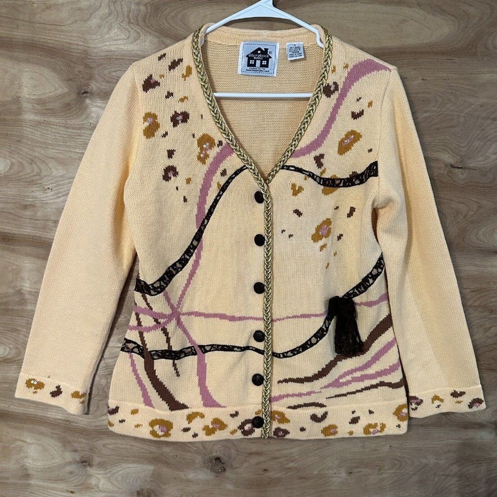 StoryBook Knits Cardigan Sweater Peach Embellished V Neck Woman’s Small Bow Lace